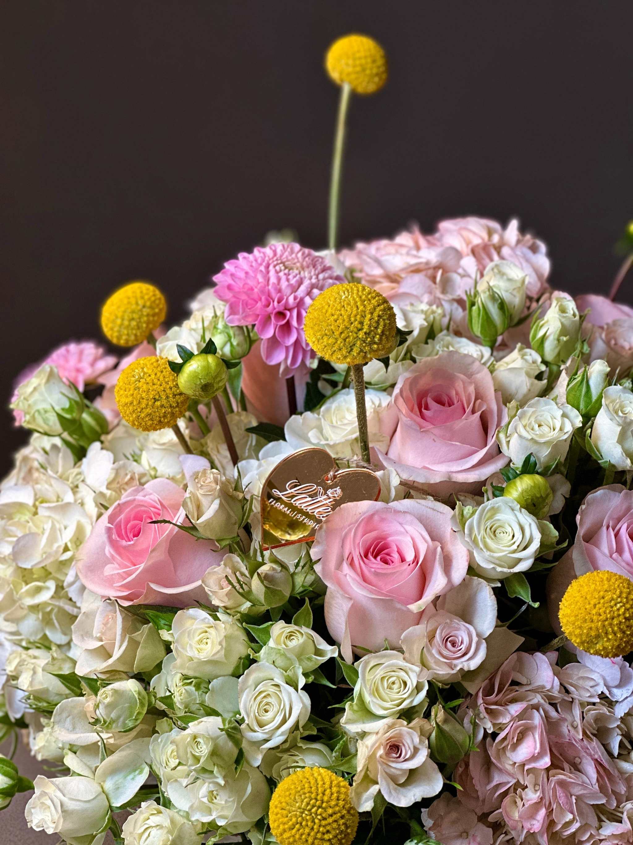 Golden Bliss Floral Arrangement – Roses, Spray Roses, Hydrangea & Craspedia