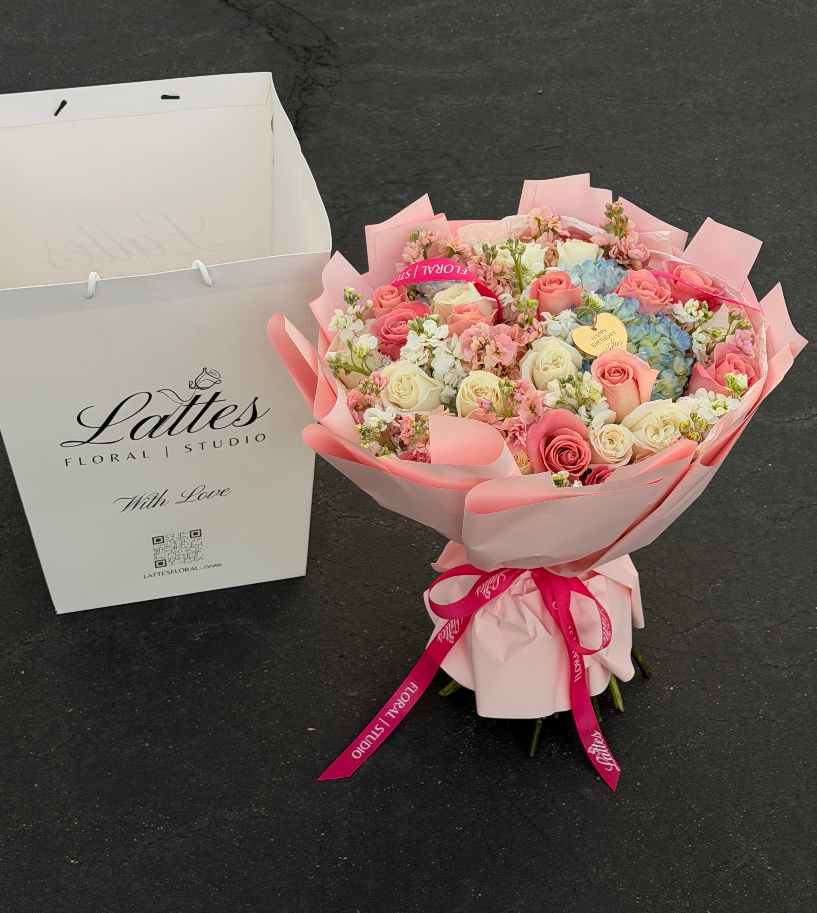 Pastel Skies – Mixed Roses, Blue Hydrangeas & Stock Bouquet