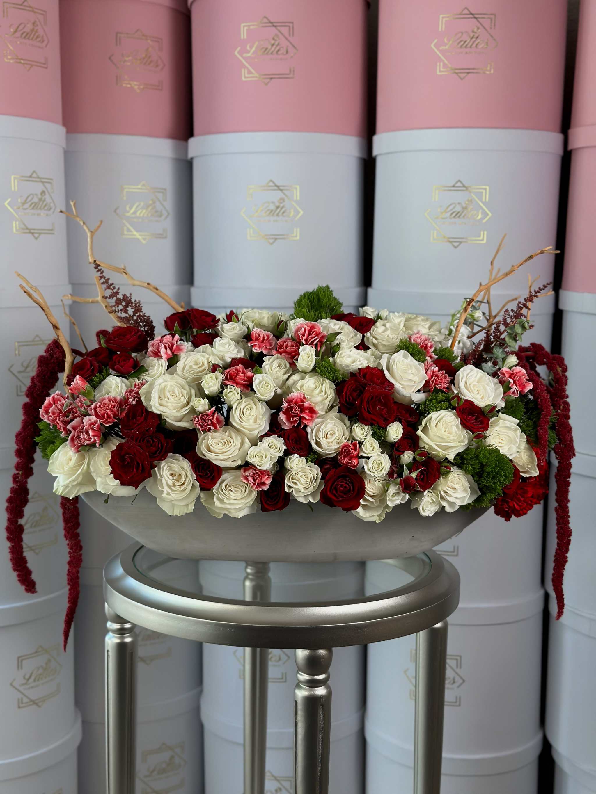 Imperial Romance – Red & White Roses in a Vase Arrangement