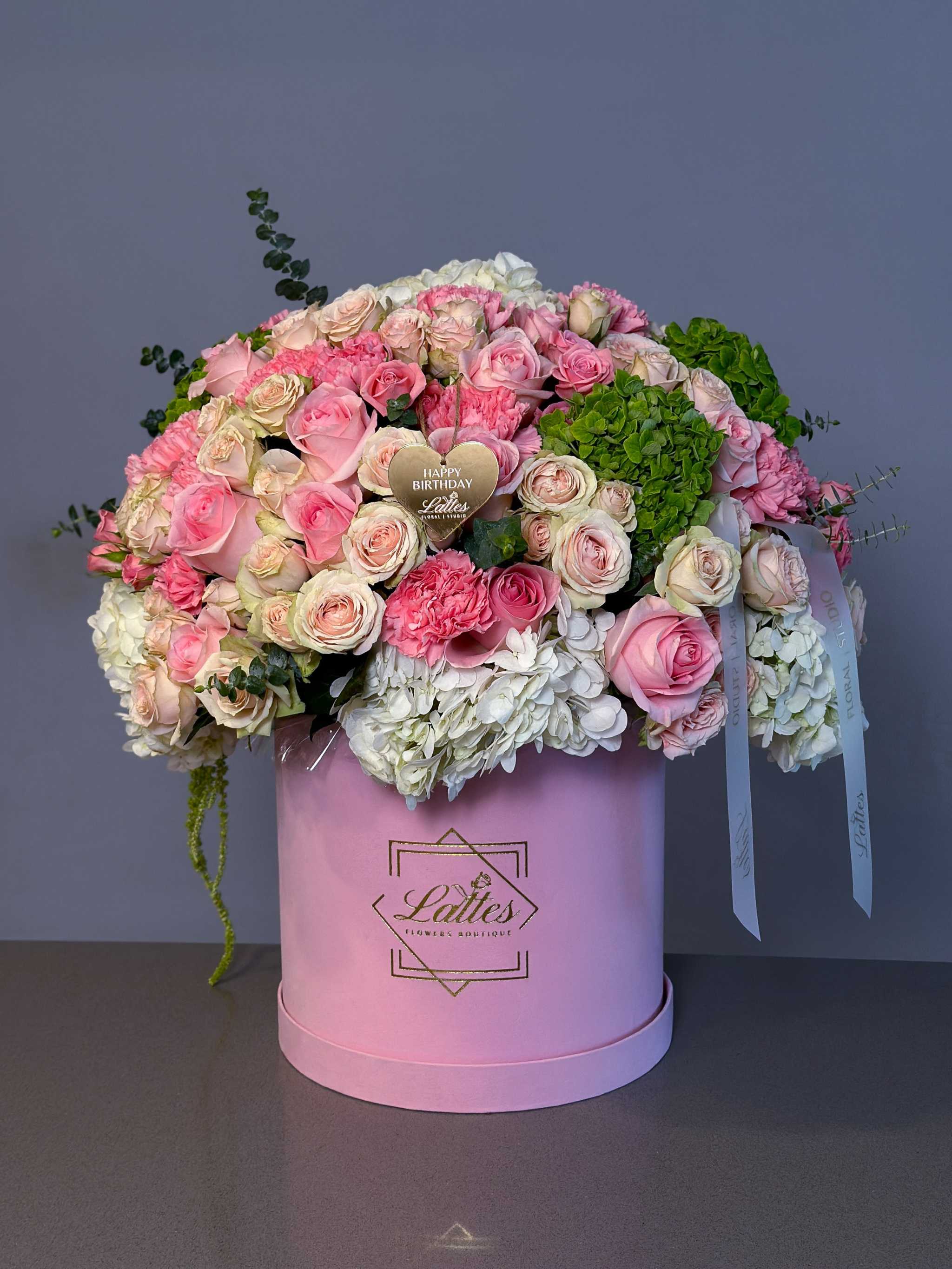 Elegant Bliss Flower Box with hydrangeas, pink roses, and green accents in a luxurious pink box