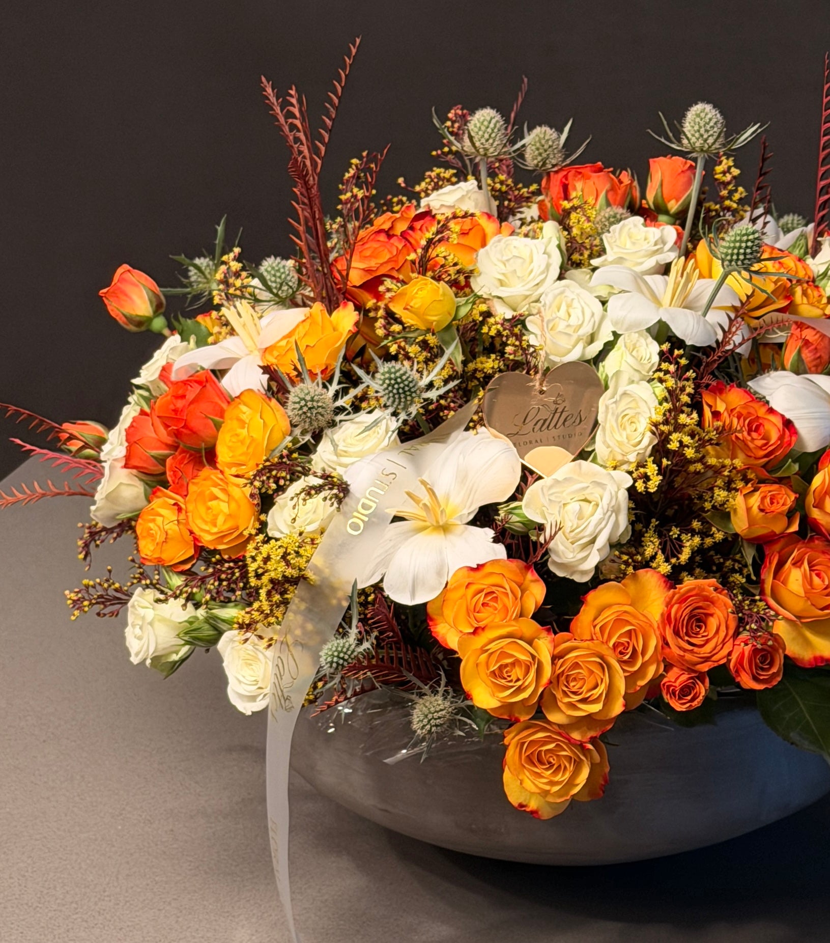 Autumn Glow Arrangement – Orange Roses, White Roses & Tulips
