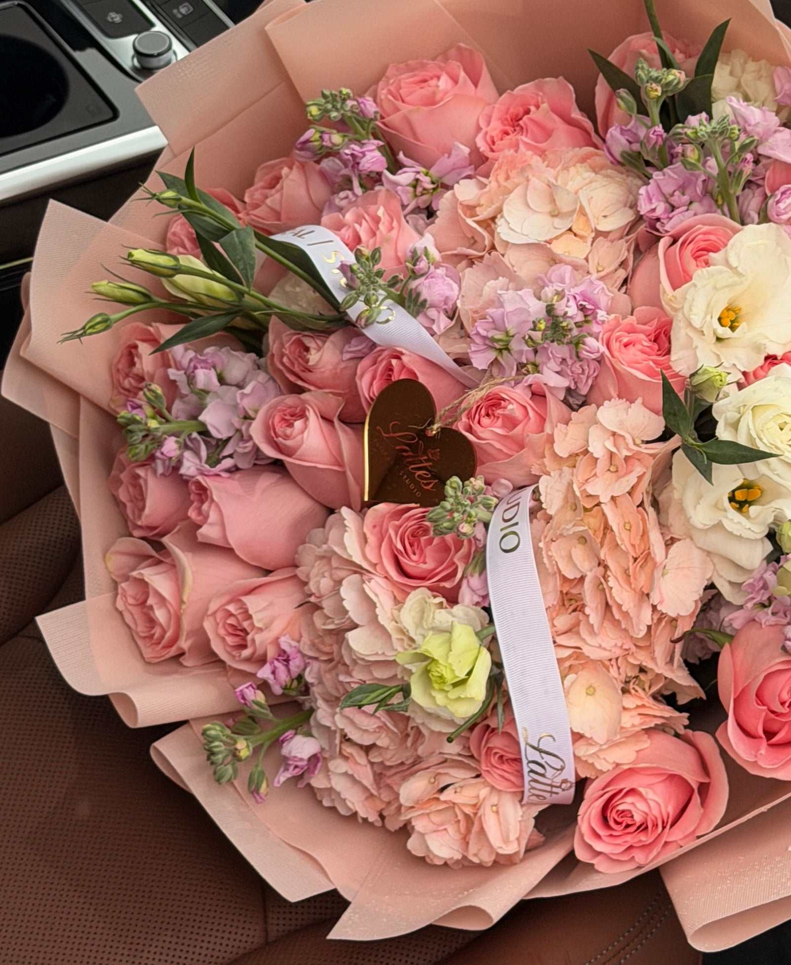 Pink Enchantment bouquet with pink roses, hydrangeas, lisianthus, and lavender stock, ideal for Tustin flower delivery