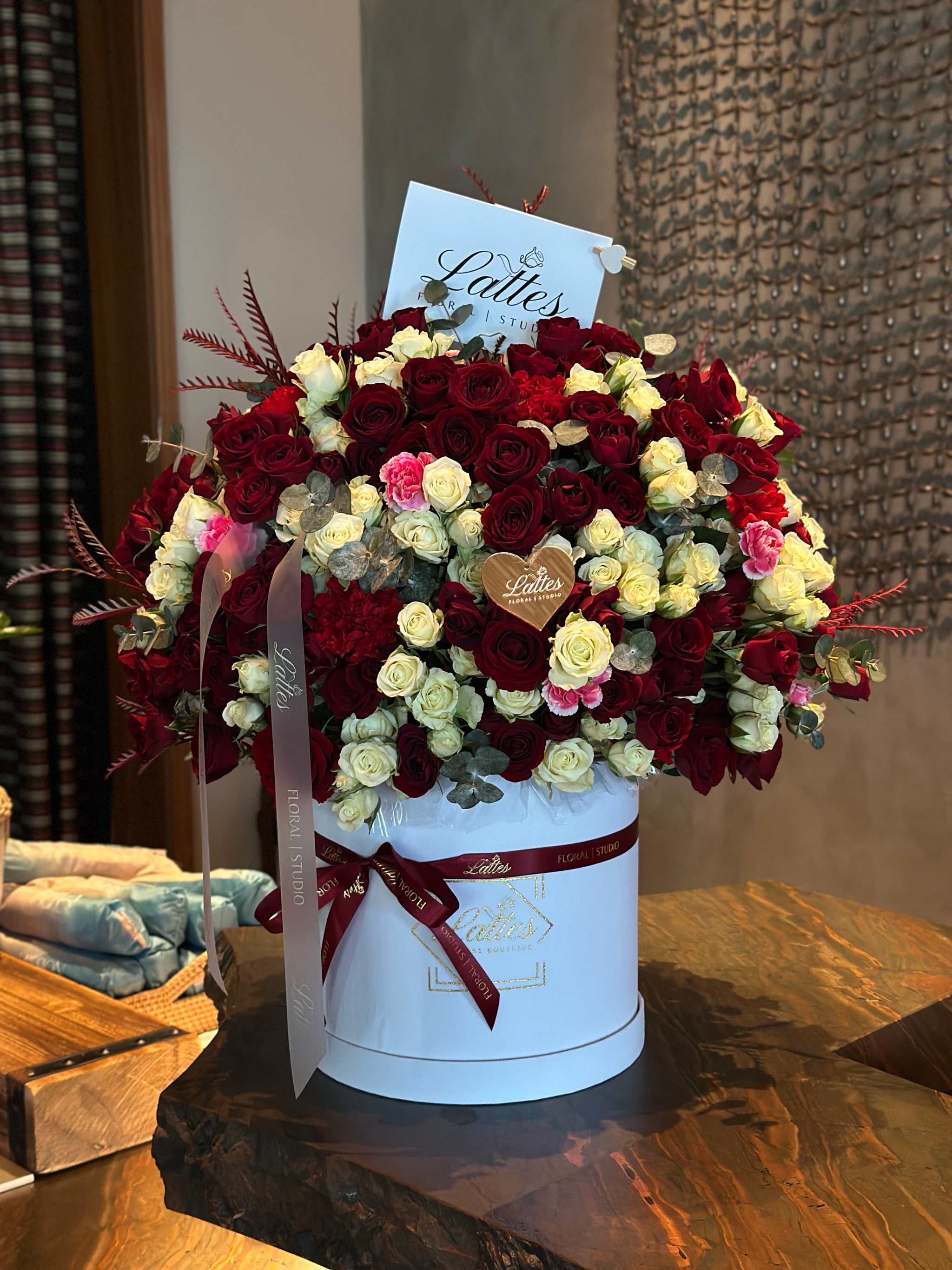 Crimson Elegance – Red and White Roses in a Flower Box