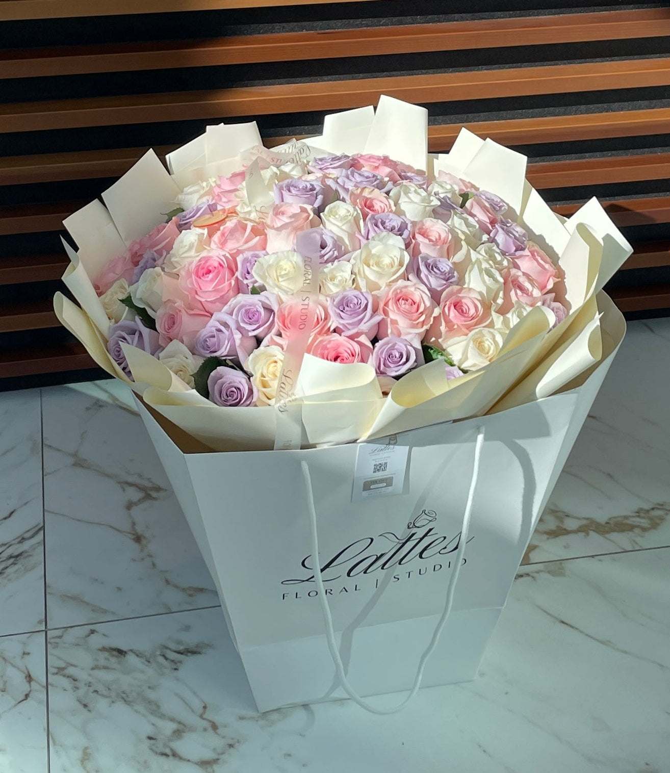 Dreamy Pastel Bouquet – White, Pink & Lavender Roses