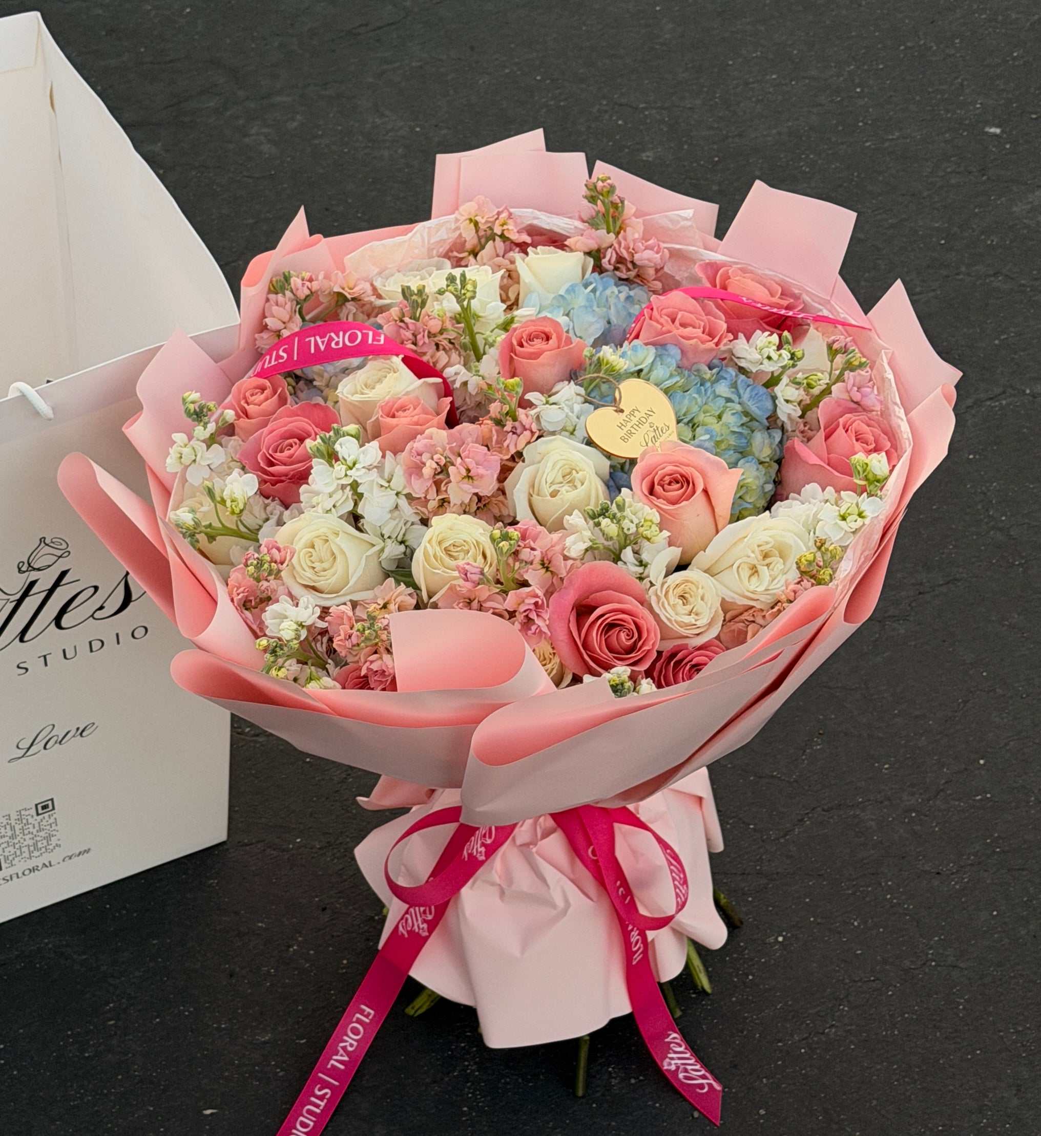 Pastel Skies – Mixed Roses, Blue Hydrangeas & Stock Bouquet