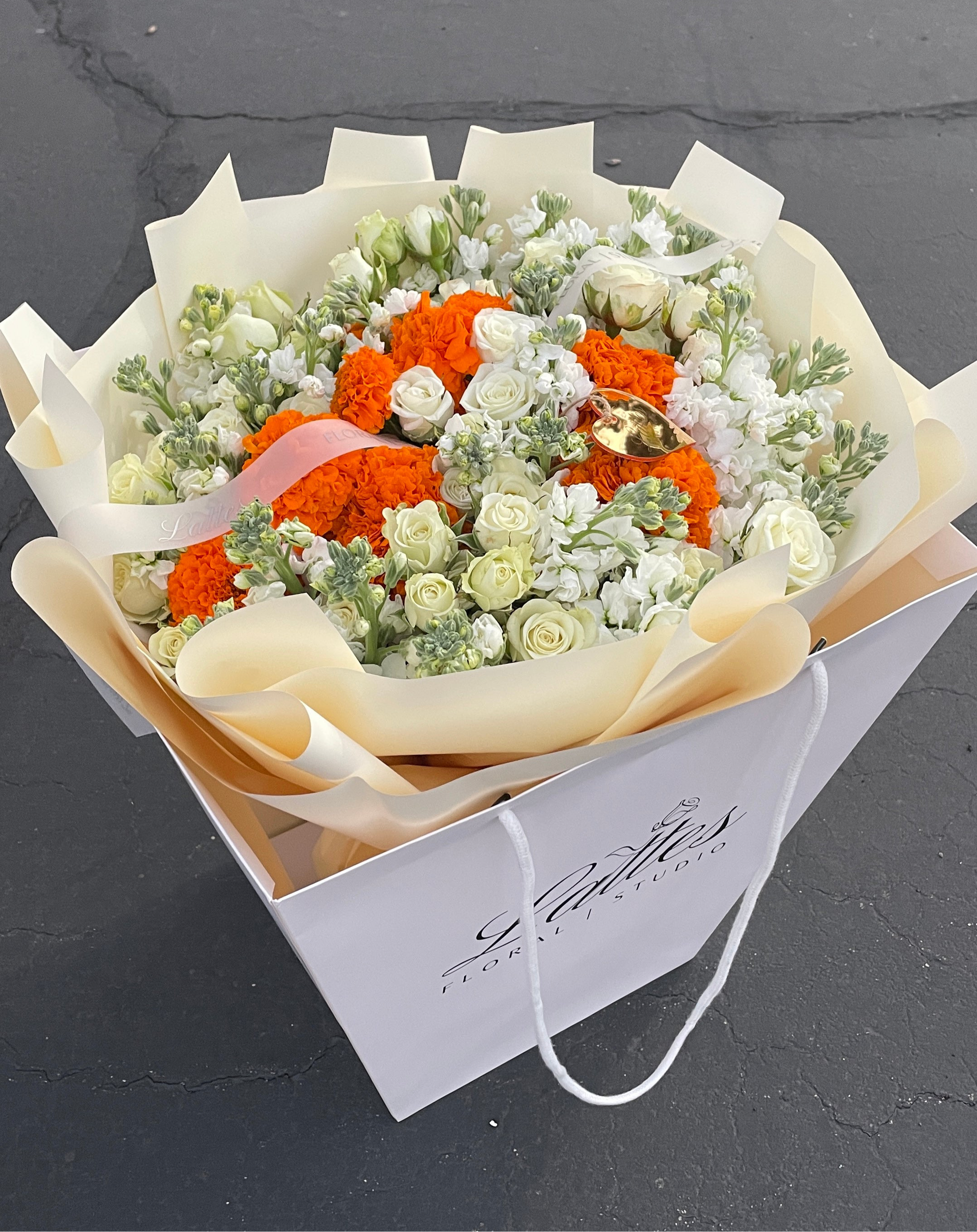 Golden Grace – White and Orange Flowers Bouquet