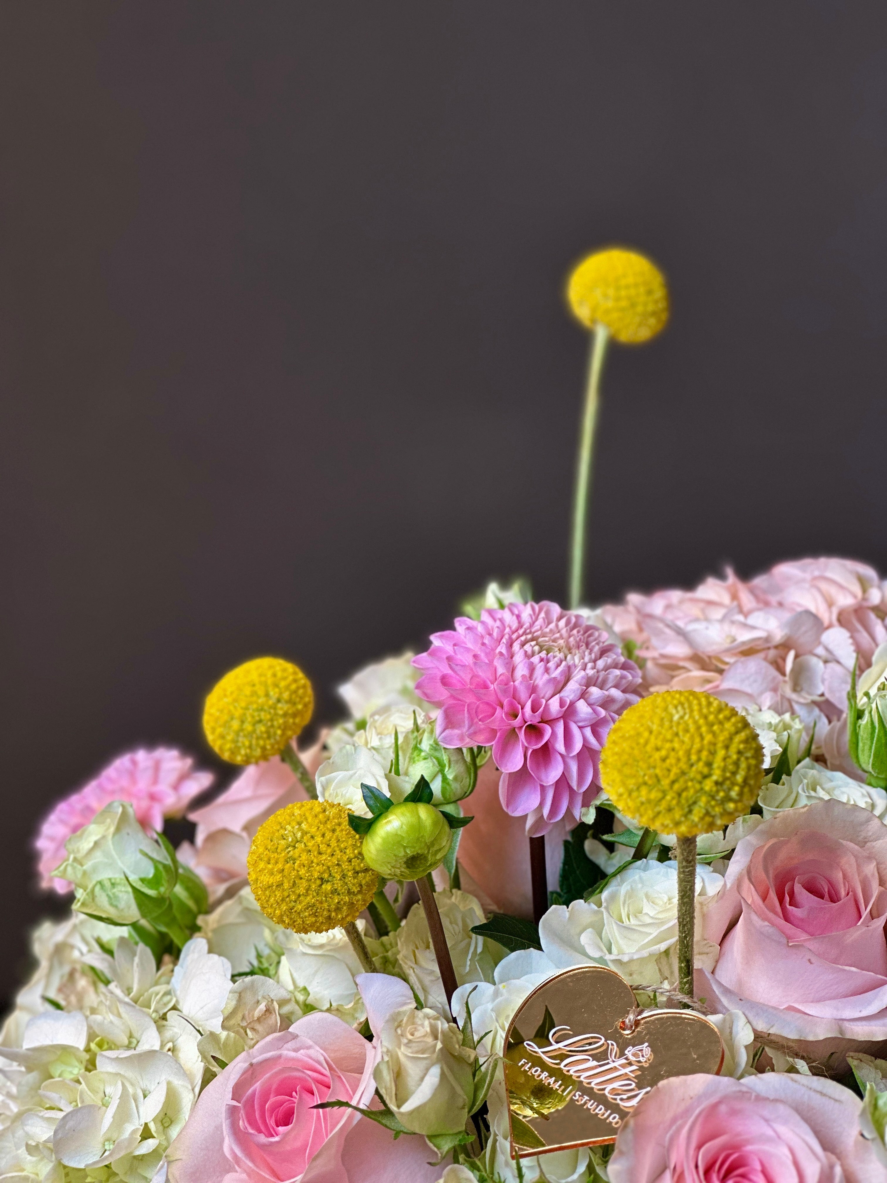 Golden Bliss Floral Arrangement – Roses, Spray Roses, Hydrangea & Craspedia