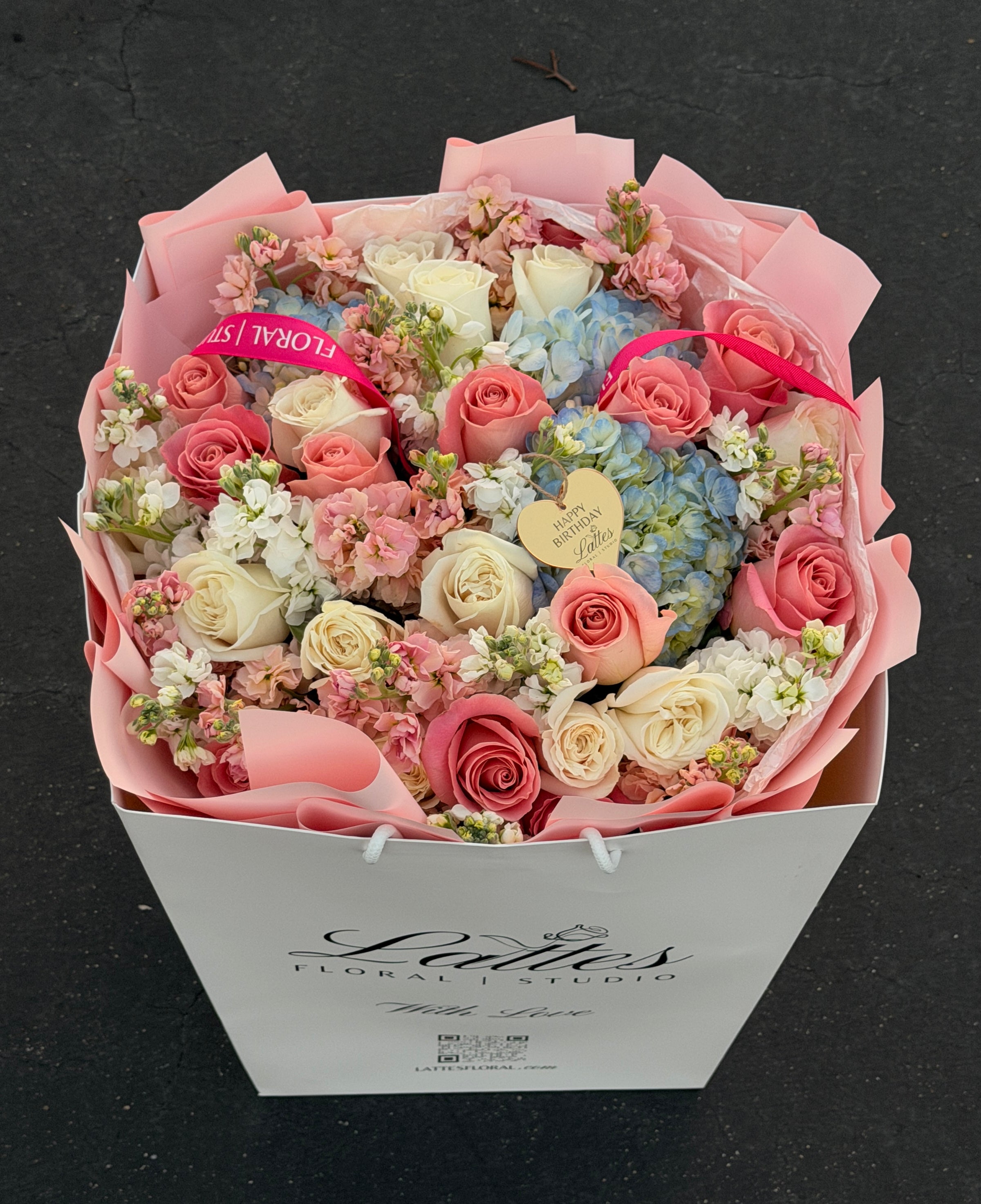 Pastel Skies – Mixed Roses, Blue Hydrangeas & Stock Bouquet