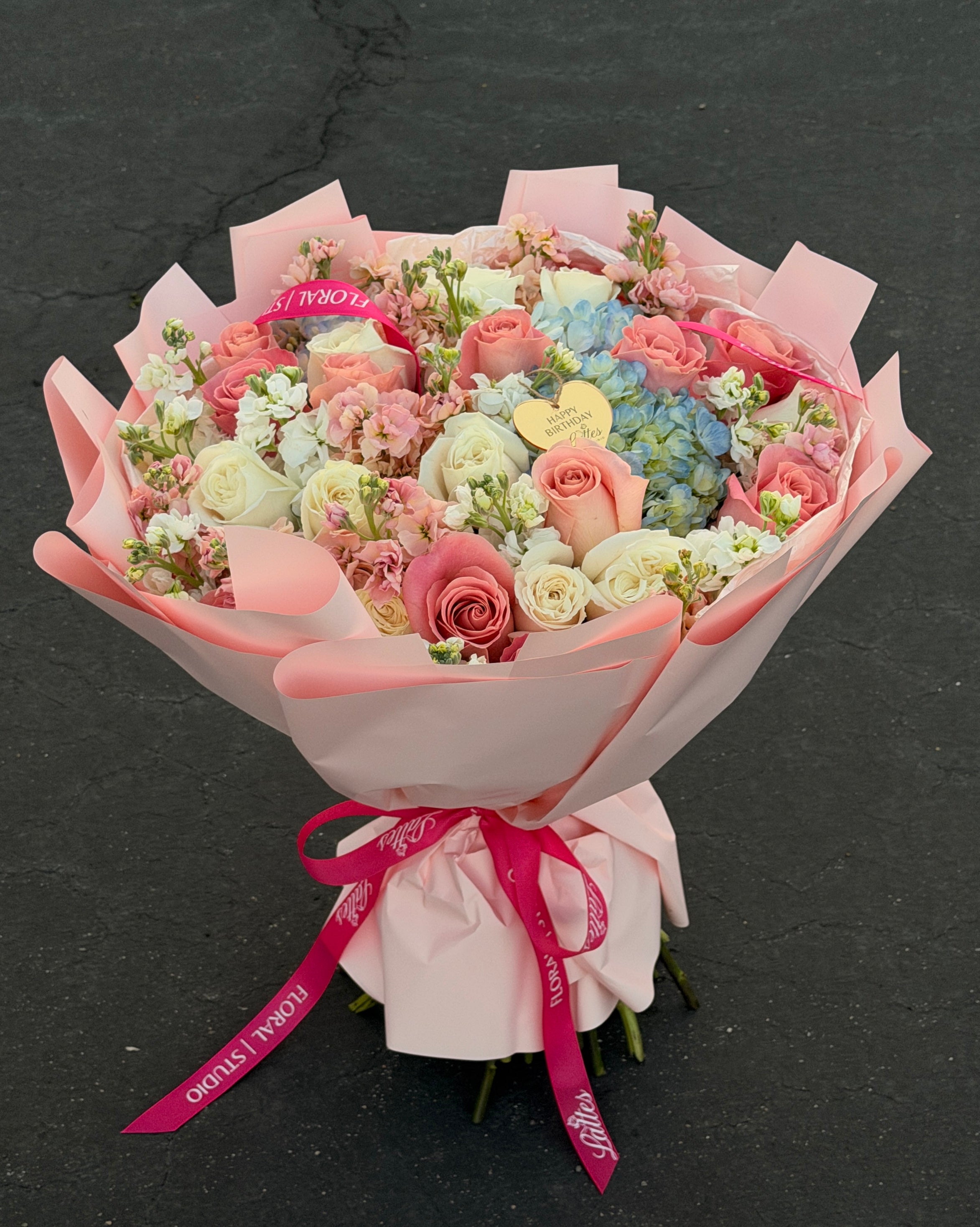 Pastel Skies – Mixed Roses, Blue Hydrangeas & Stock Bouquet