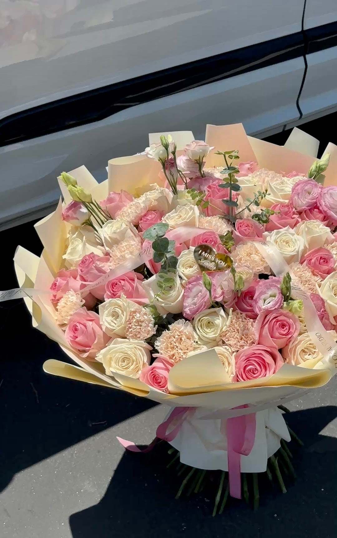 Blush Melody – Flower Bouquet with Pink Roses, White Spray Roses, Lisianthus & Carnation
