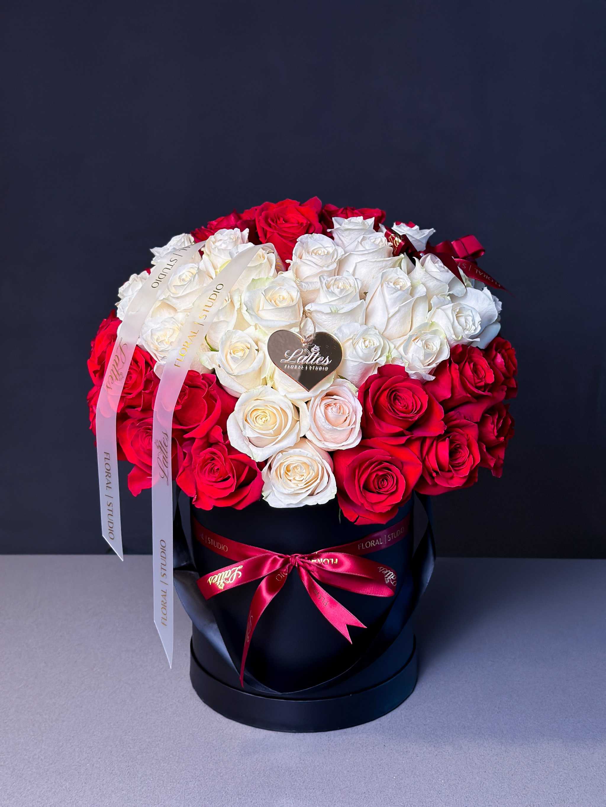 Love Eternal red and white roses heart arrangement in black flower box with ribbons