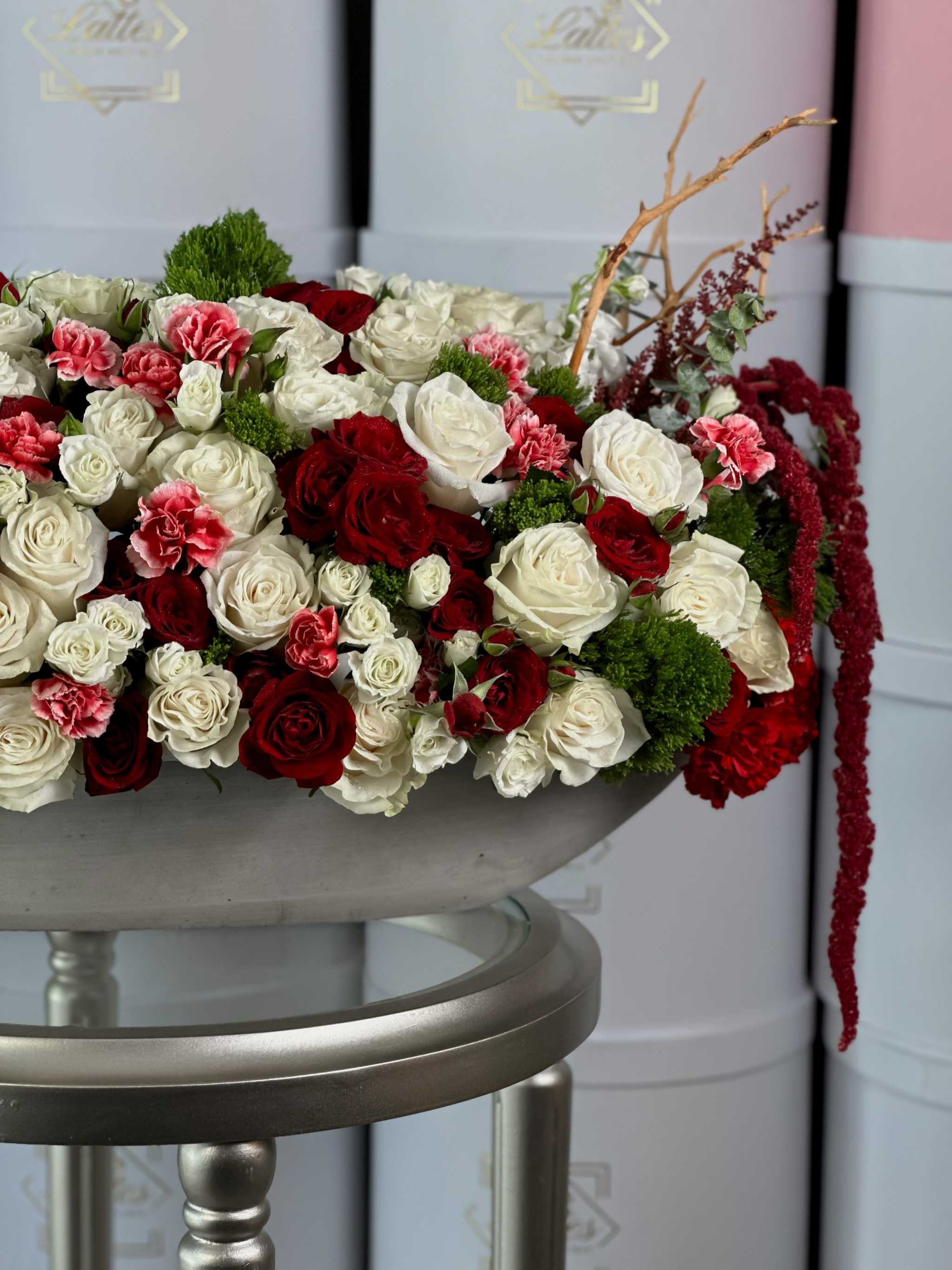 Imperial Romance – Red & White Roses in a Vase Arrangement