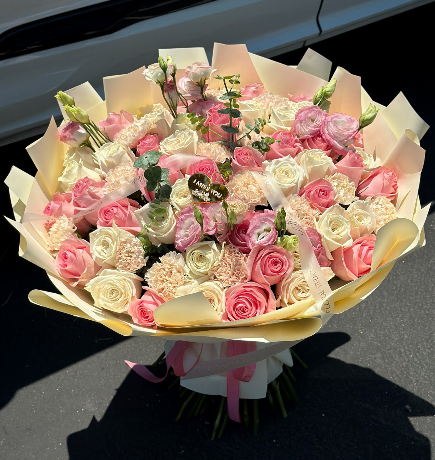 Blush Melody – Flower Bouquet with Pink Roses, White Spray Roses, Lisianthus & Carnation
