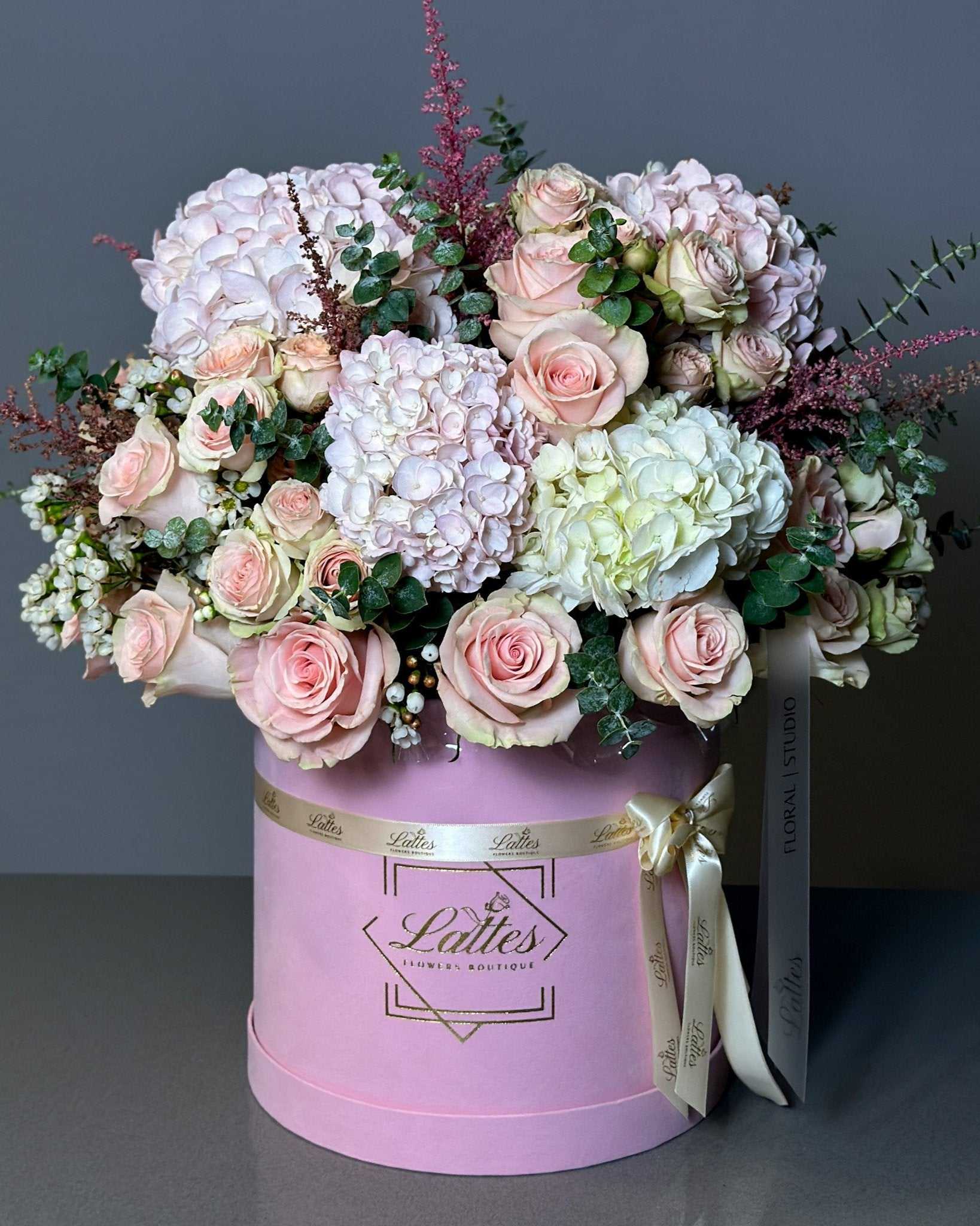 Abbraccio di Fiori pink rose and hydrangea flower box with eucalyptus in pink hat box for special occasions