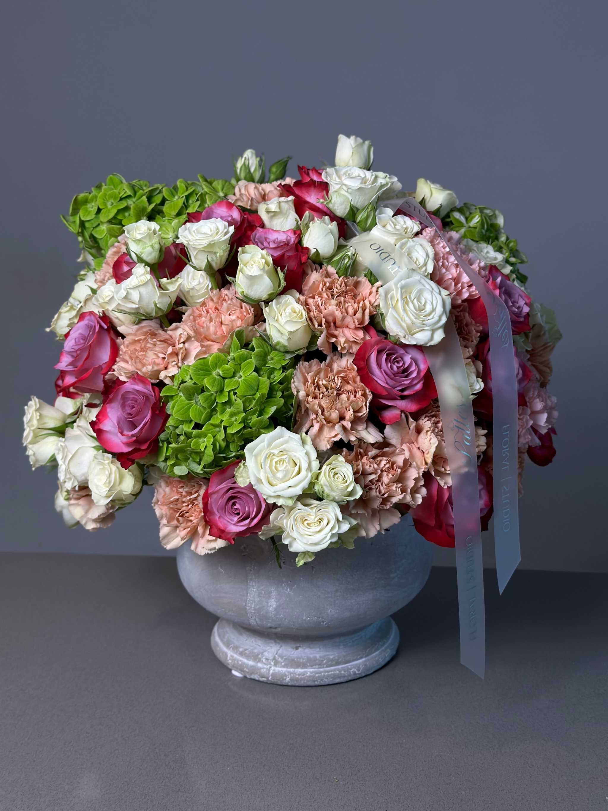 Chateau Chic luxurious rose and hydrangea floral arrangement in elegant vase