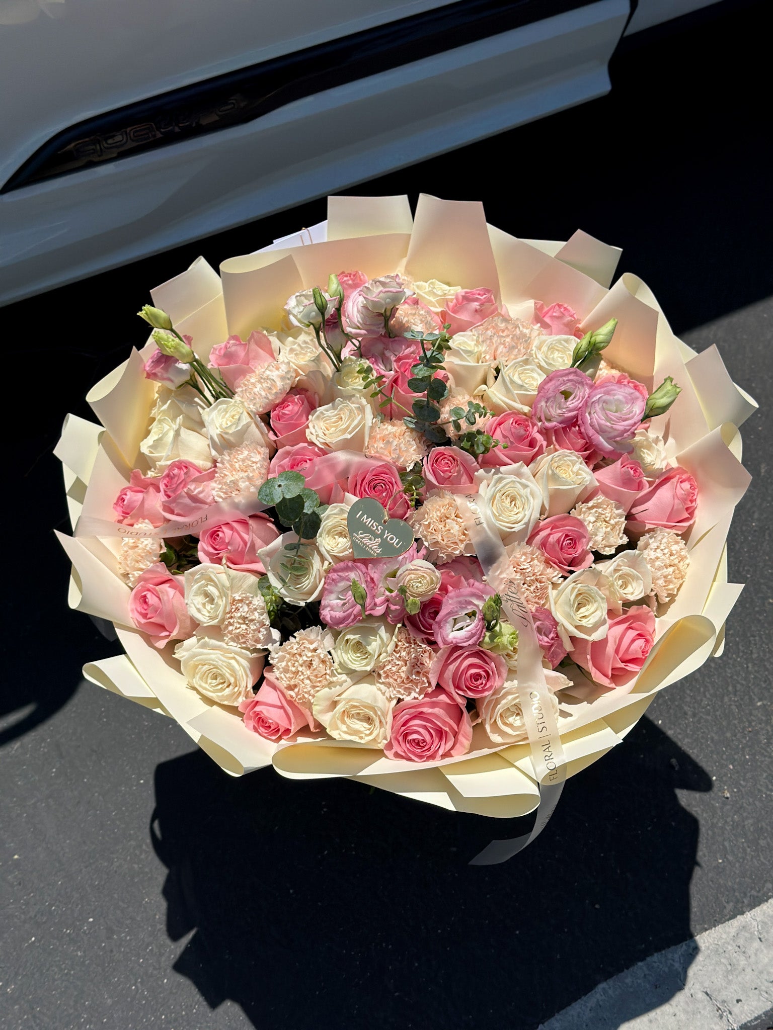 Blush Melody – Flower Bouquet with Pink Roses, White Spray Roses, Lisianthus & Carnation
