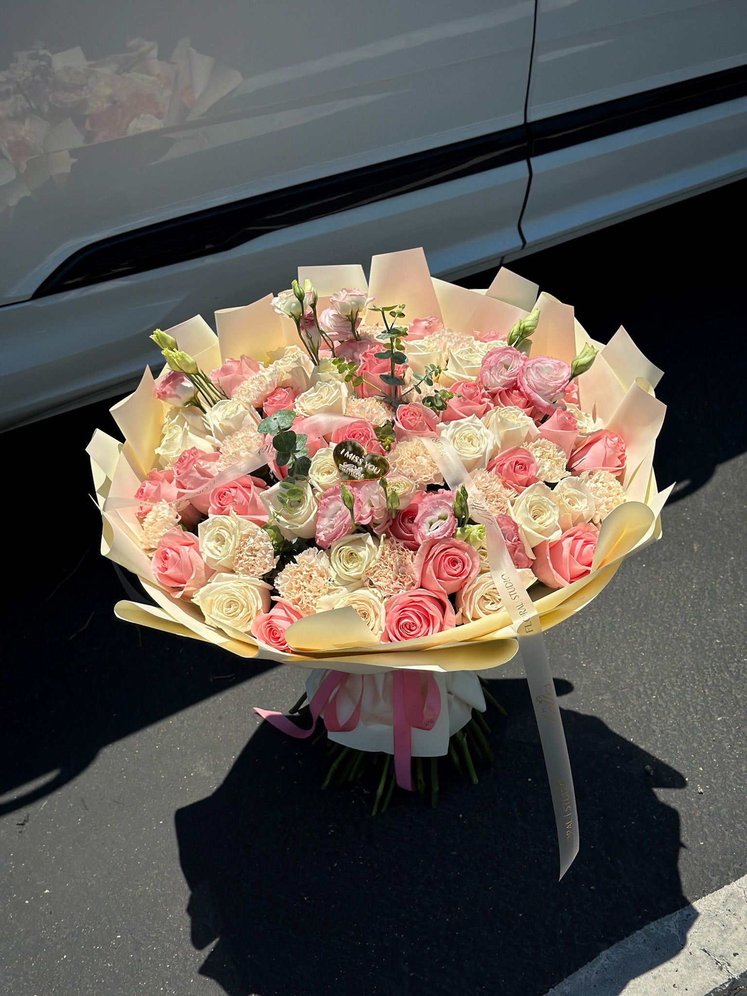 Blush Melody – Flower Bouquet with Pink Roses, White Spray Roses, Lisianthus & Carnation