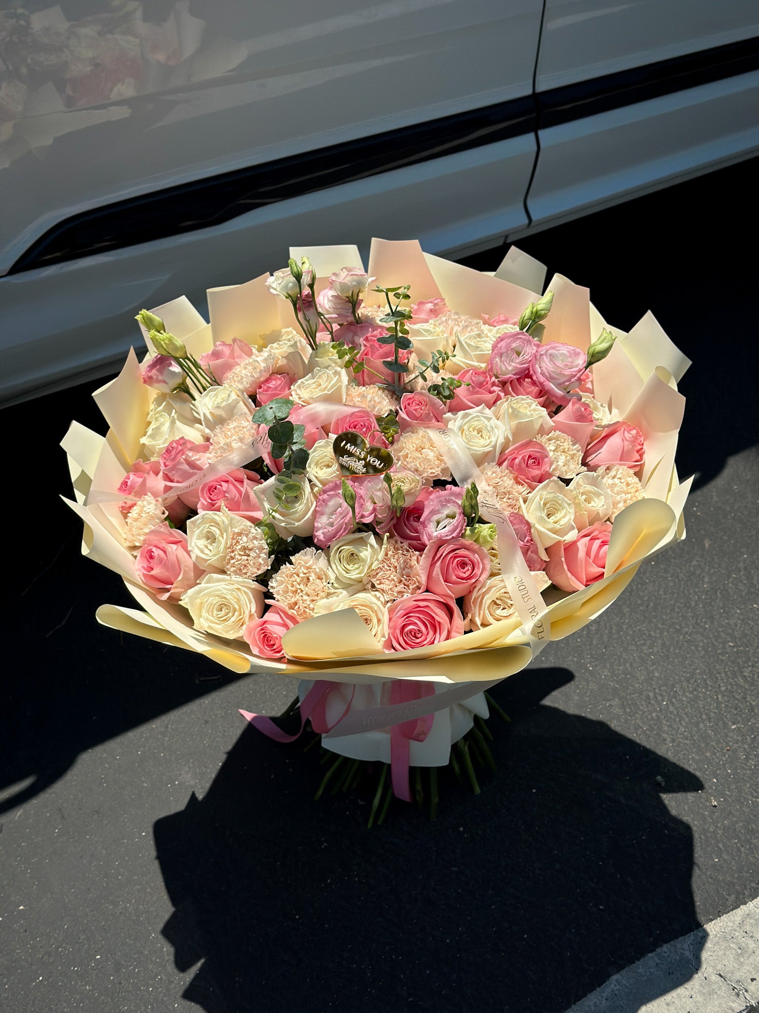 Blush Melody – Flower Bouquet with Pink Roses, White Spray Roses, Lisianthus & Carnation