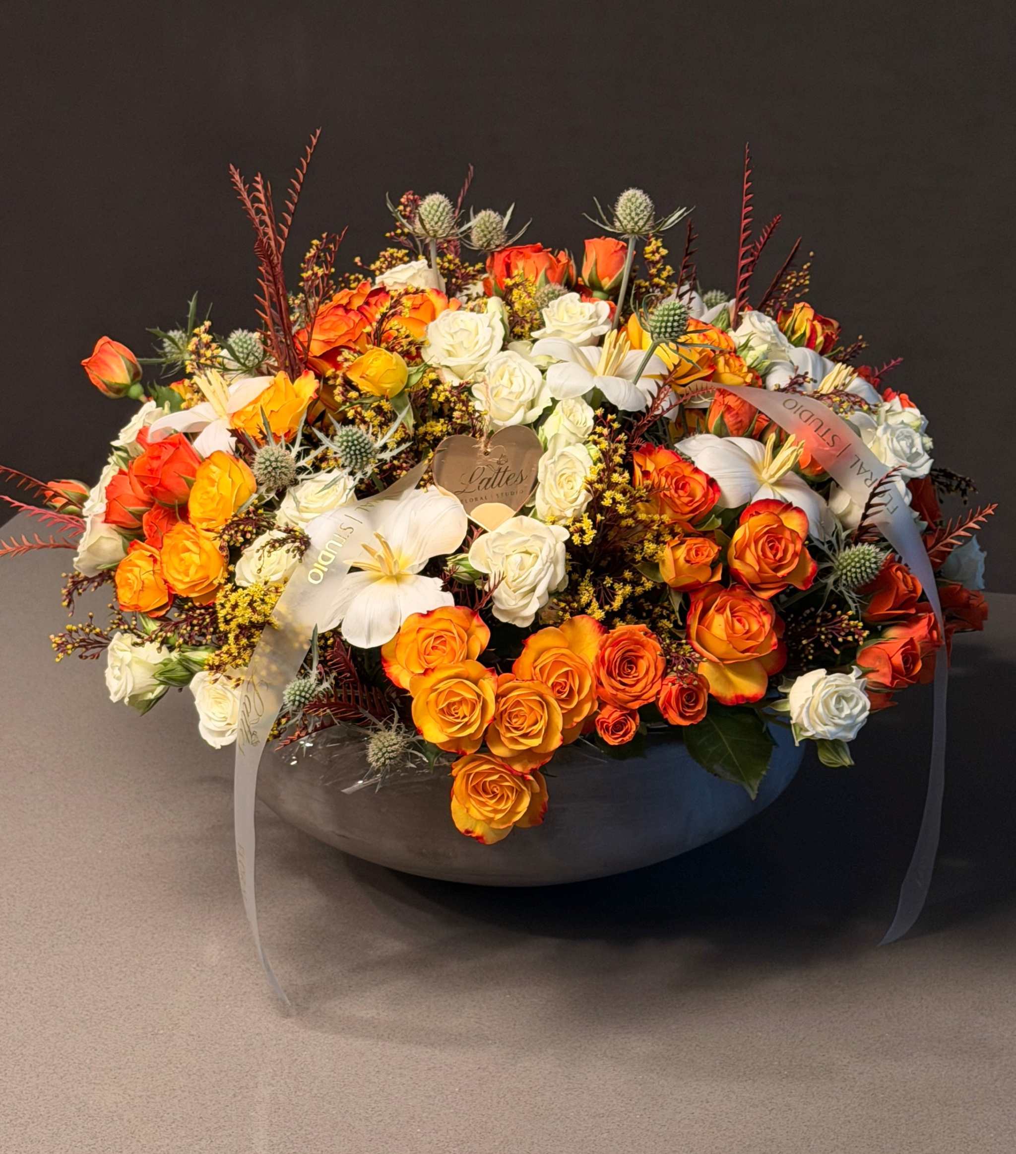 Autumn Glow Arrangement – Orange Roses, White Roses & Tulips