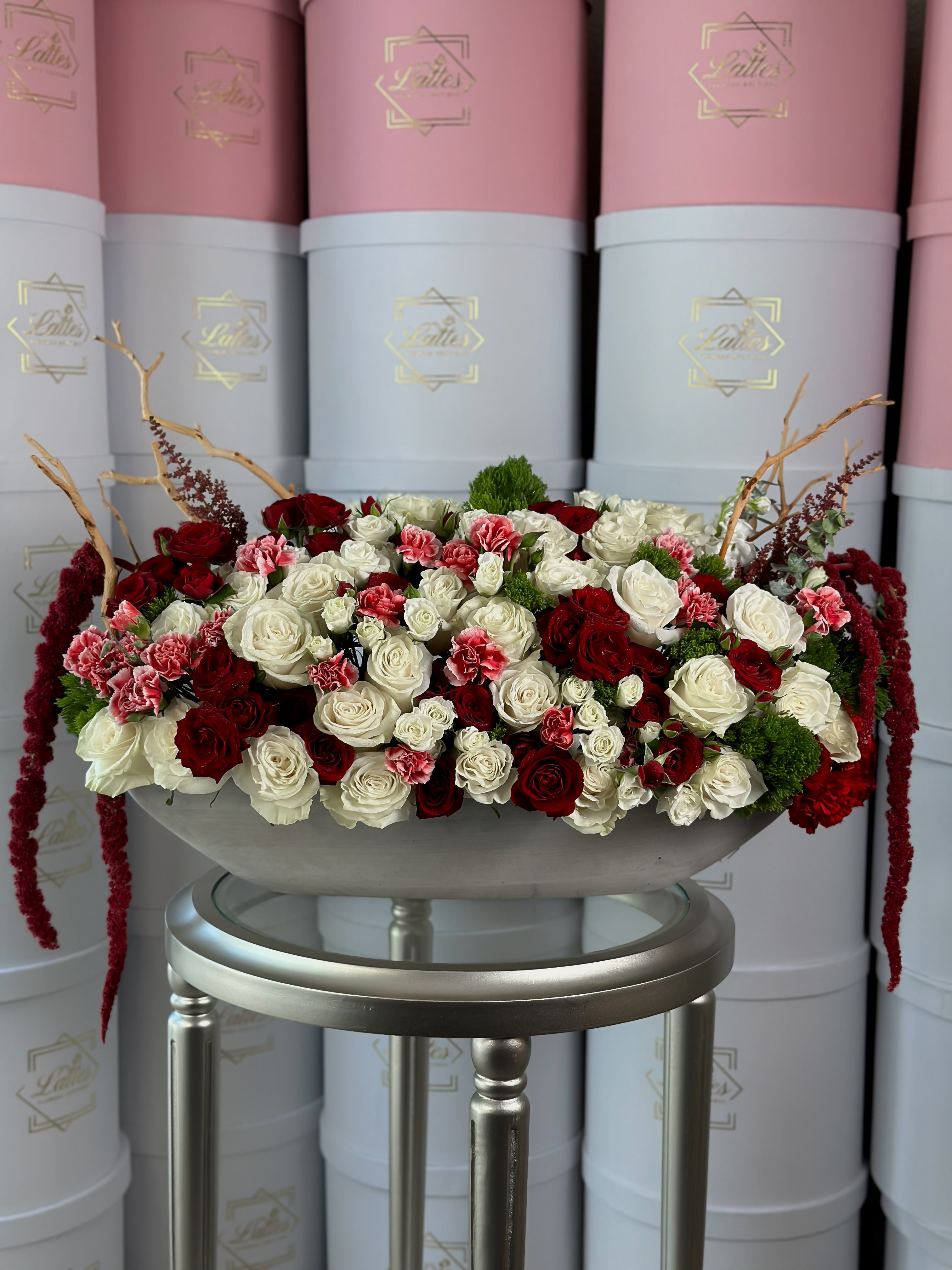 Imperial Romance – Red & White Roses in a Vase Arrangement