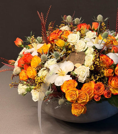Autumn Glow Arrangement – Orange Roses, White Roses & Tulips