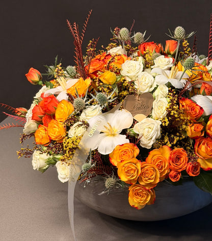 Autumn Glow Arrangement – Orange Roses, White Roses & Tulips
