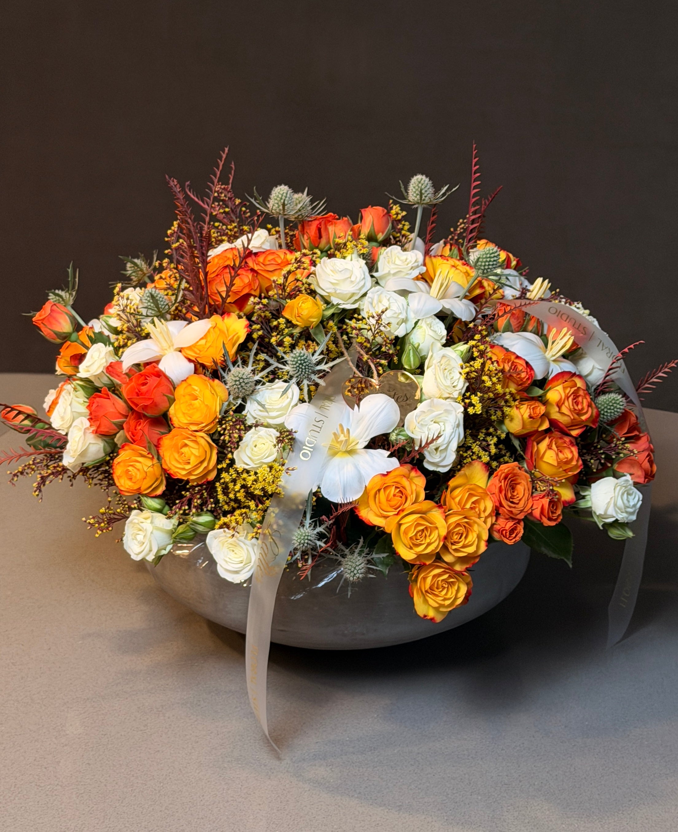 Autumn Glow Arrangement – Orange Roses, White Roses & Tulips