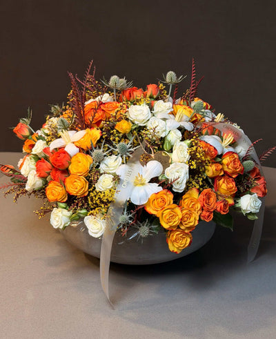 Autumn Glow Arrangement – Orange Roses, White Roses & Tulips