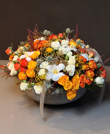 Autumn Glow Arrangement – Orange Roses, White Roses & Tulips