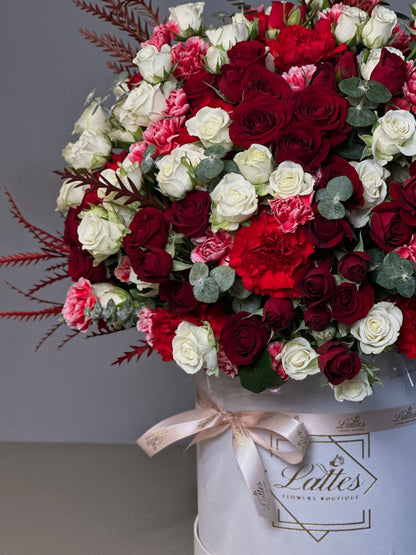 Crimson Elegance – Red and White Roses in a Flower Box