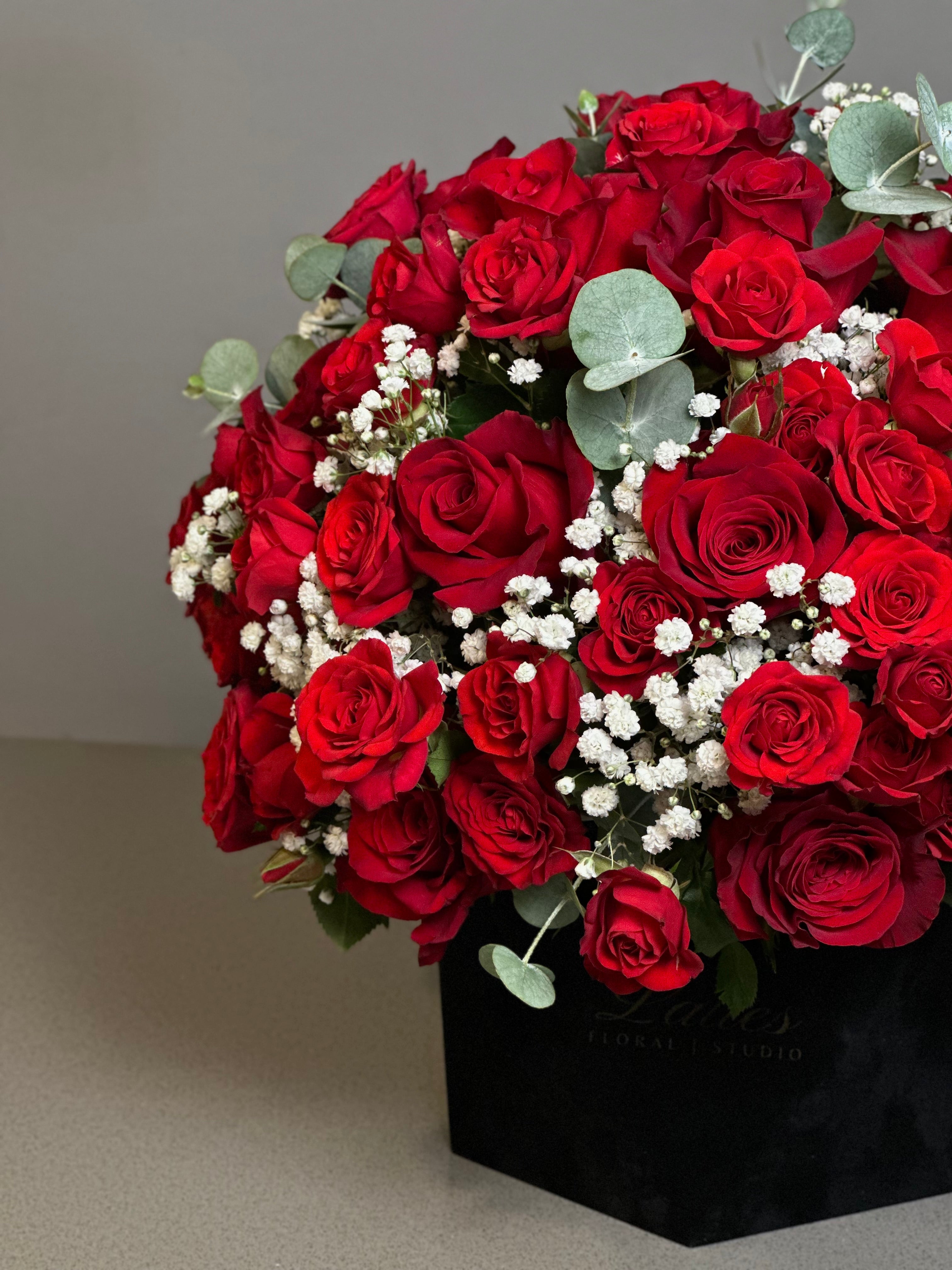 Scarlet Symphony – Red Roses Arrangement in a Flower Box