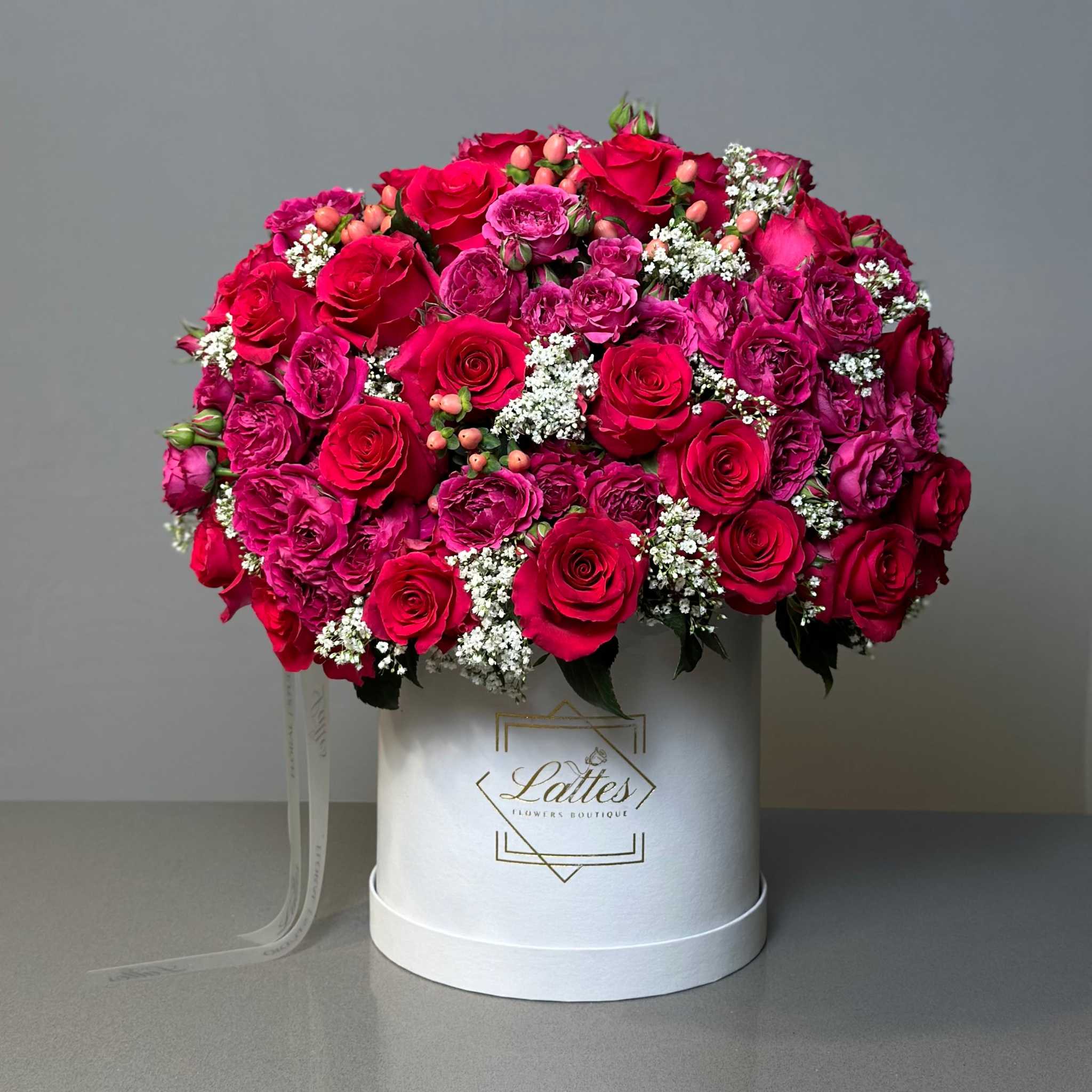 Dolce Vita in a Flower Box with red and deep pink roses in white hatbox