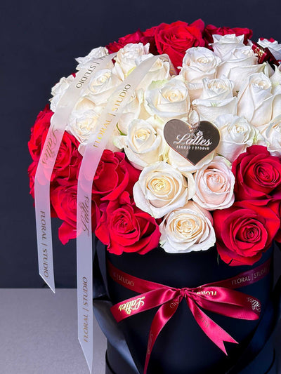 Love Eternal – Red and White Roses Heart Arrangement in a Flower Box