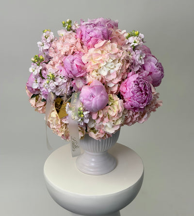 Peony Cloud – Peonies Hydrangea & Stock in a Vase Arrangement