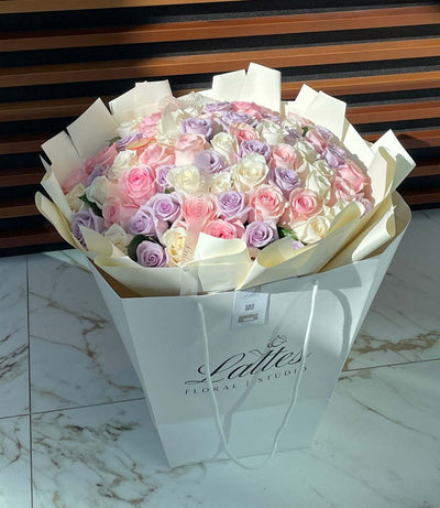 Dreamy Pastel Bouquet – White, Pink & Lavender Roses