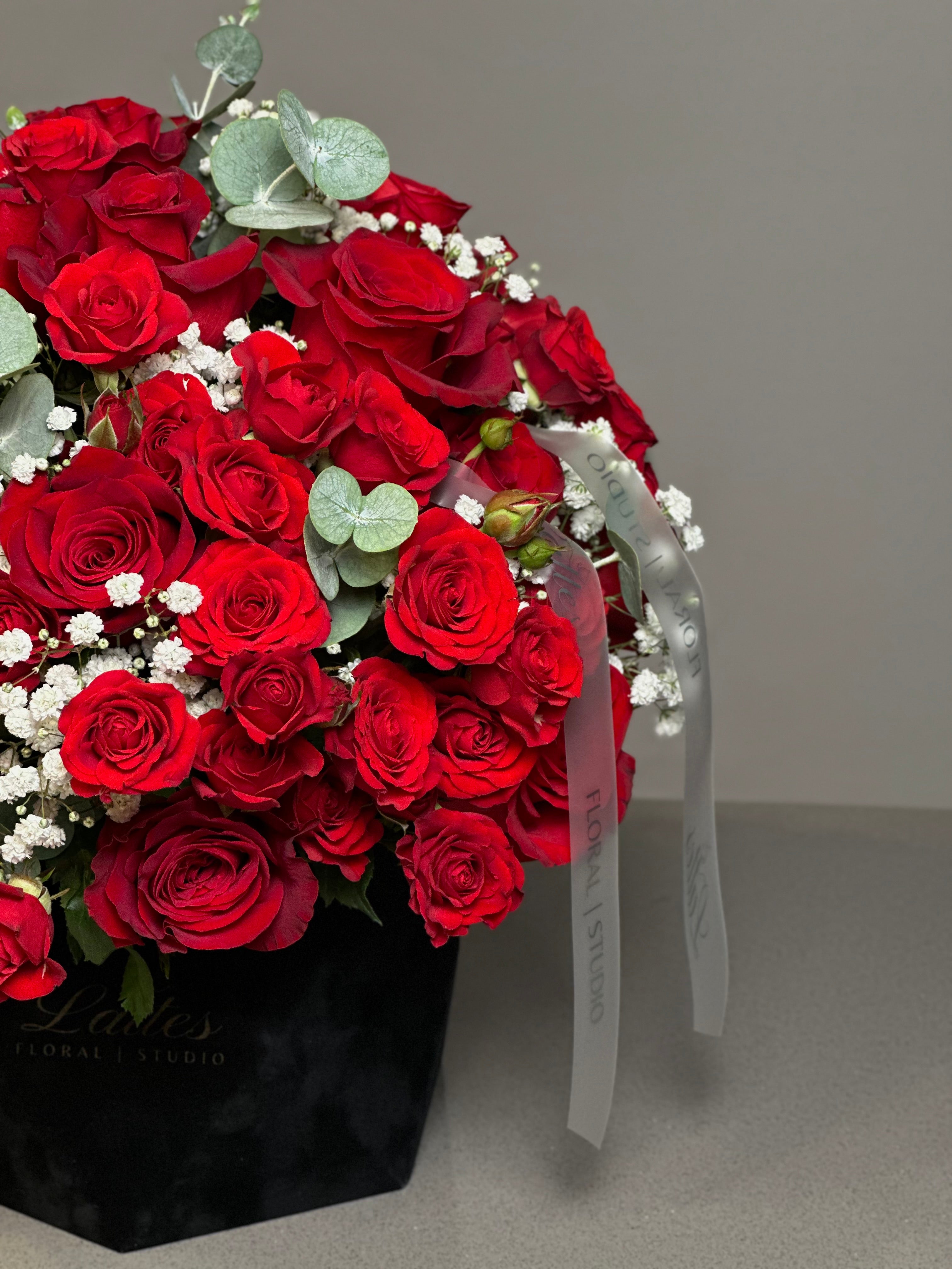 Scarlet Symphony – Red Roses Arrangement in a Flower Box