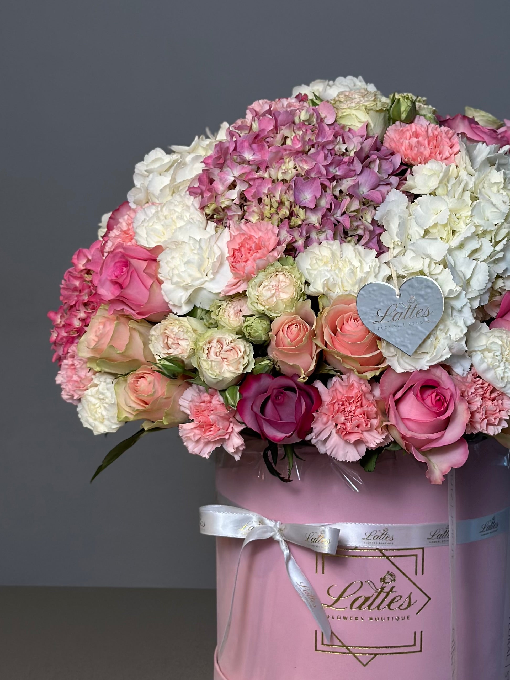 Floral Symphony – Roses and Hydrangeas in a Pink Box