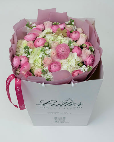Sweet Serenade – Ranunculus, White Stock & Hydrangea Floral Bouquet