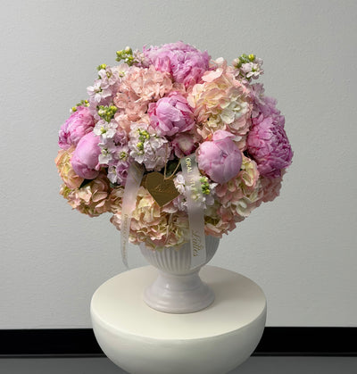 Peony Cloud – Peonies Hydrangea & Stock in a Vase Arrangement