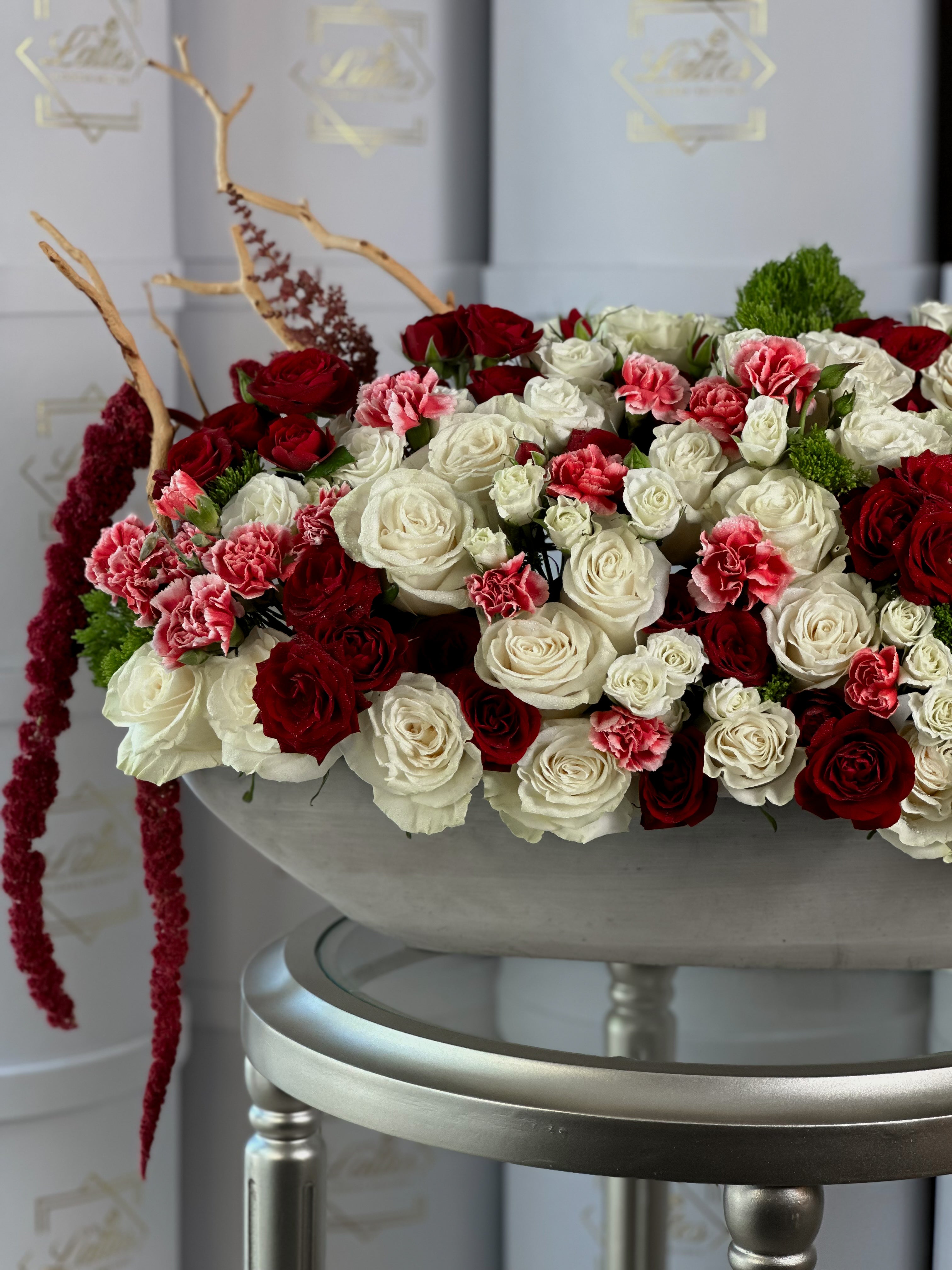 Imperial Romance – Red & White Roses in a Vase Arrangement