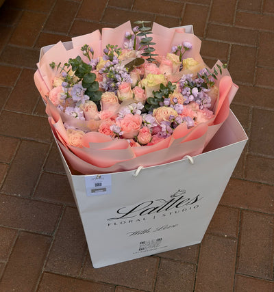 Lavender Dreams – Pink Roses, Lavender Stock & Eucalyptus Bouquet