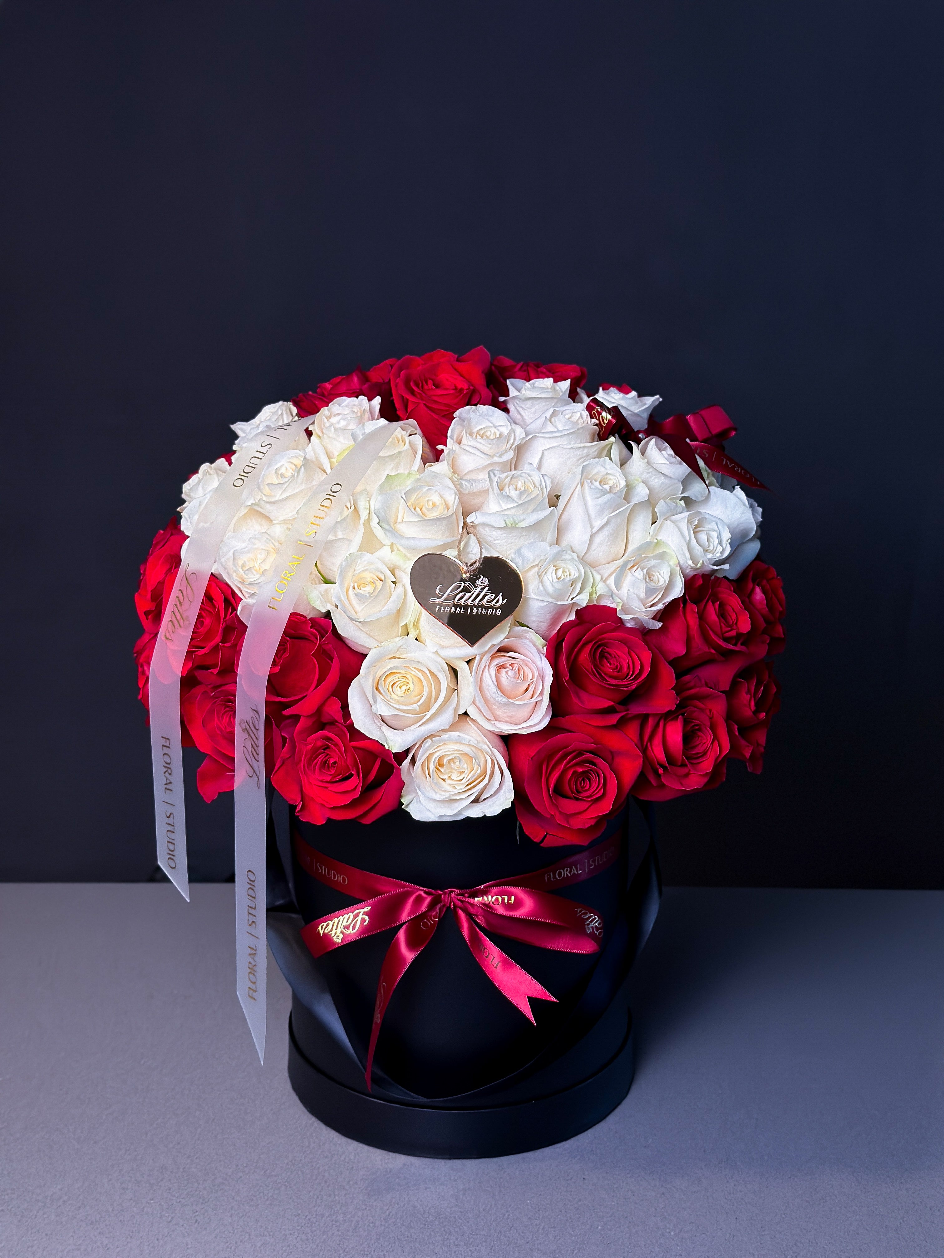 Love Eternal – Red and White Roses Heart Arrangement in a Flower Box