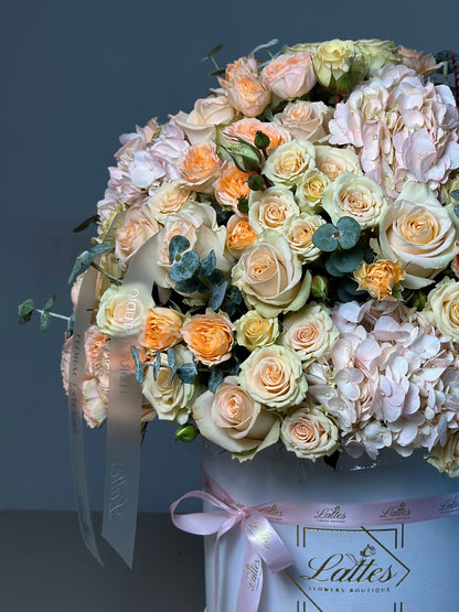 Peach Serenade – Peach Roses Arrangement in a Flower Box