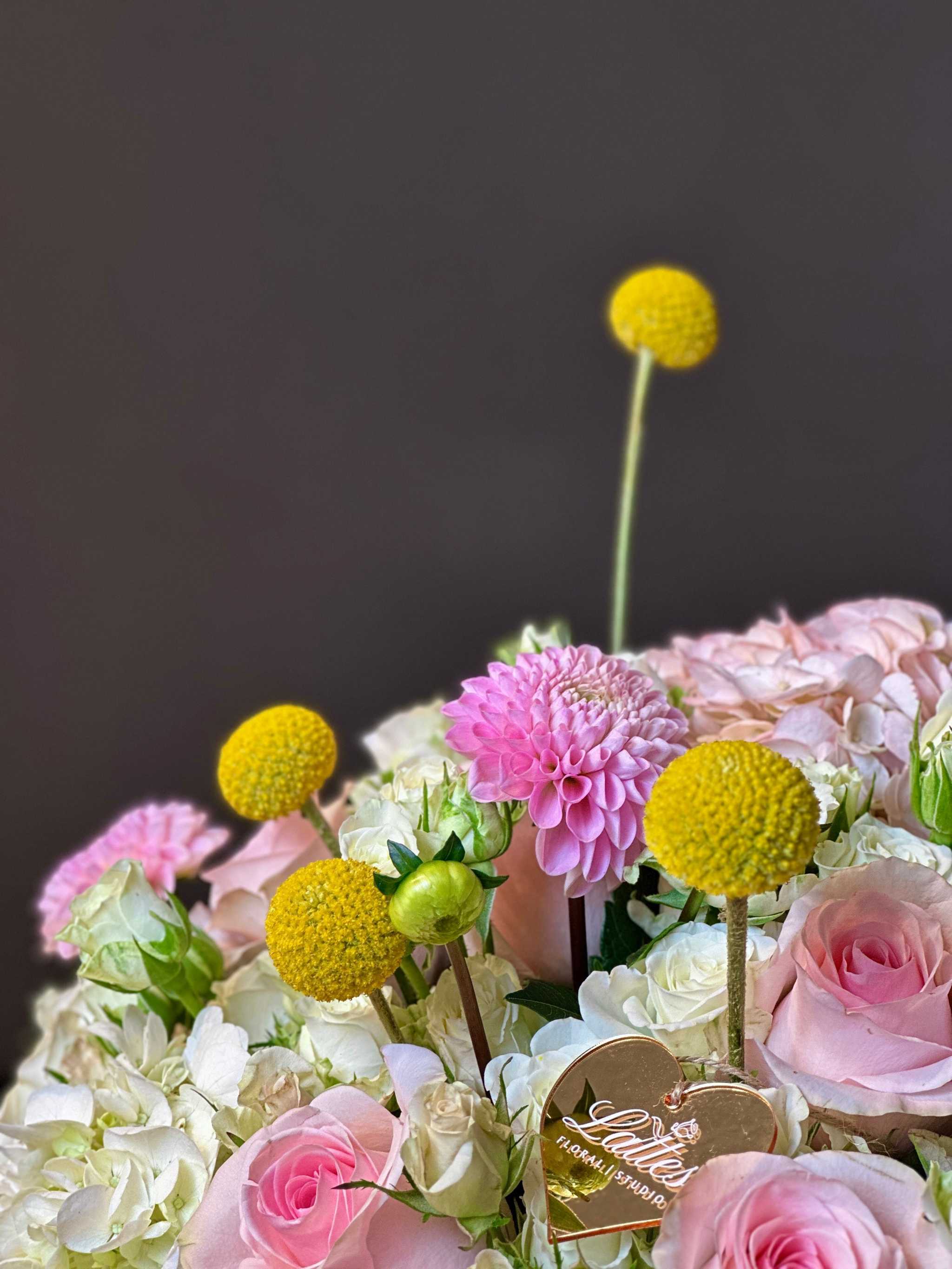 Golden Bliss Floral Arrangement – Roses, Spray Roses, Hydrangea & Craspedia