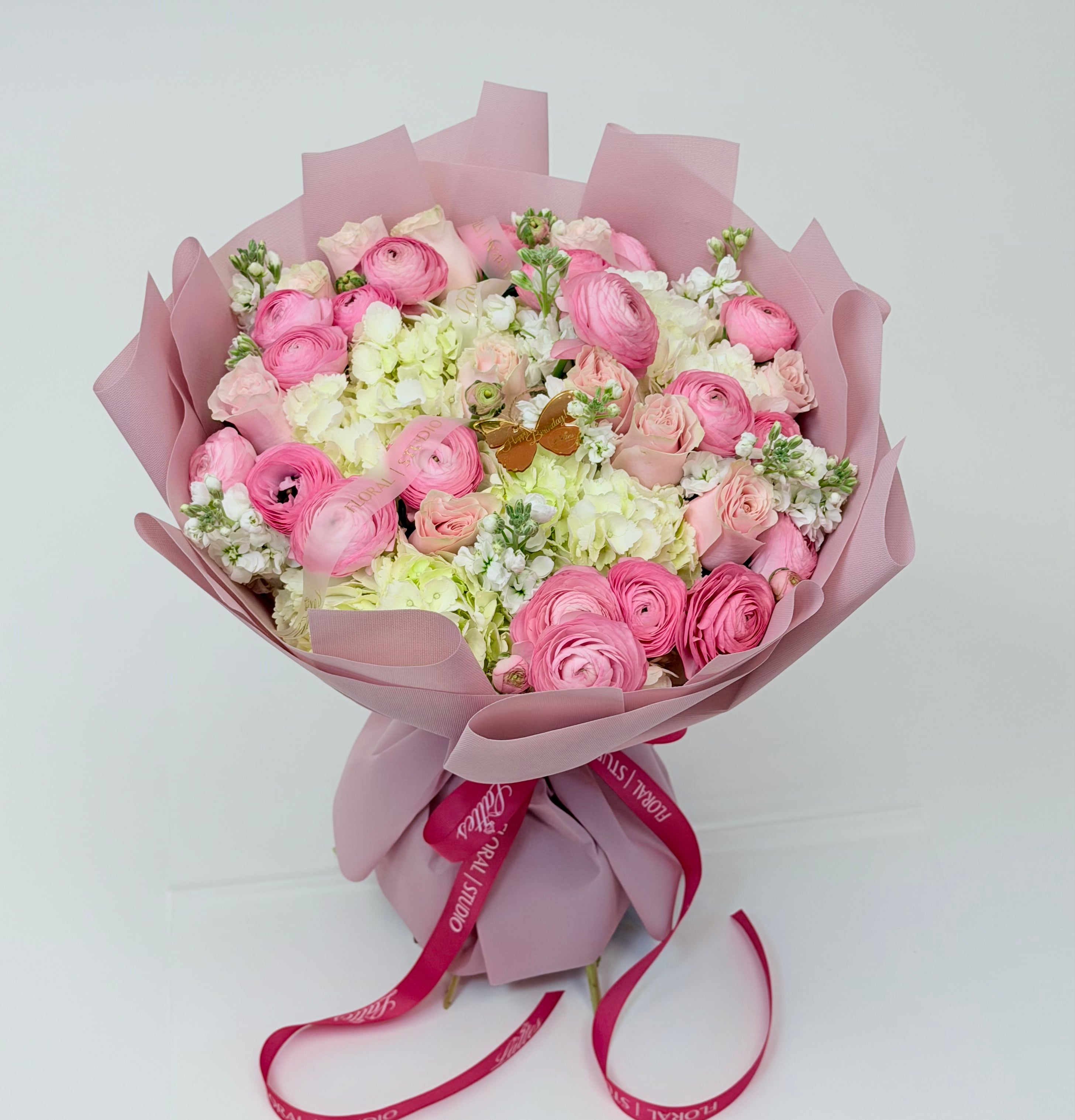 Sweet Serenade – Ranunculus, White Stock & Hydrangea Floral Bouquet