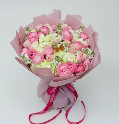 Sweet Serenade – Ranunculus, White Stock & Hydrangea Floral Bouquet