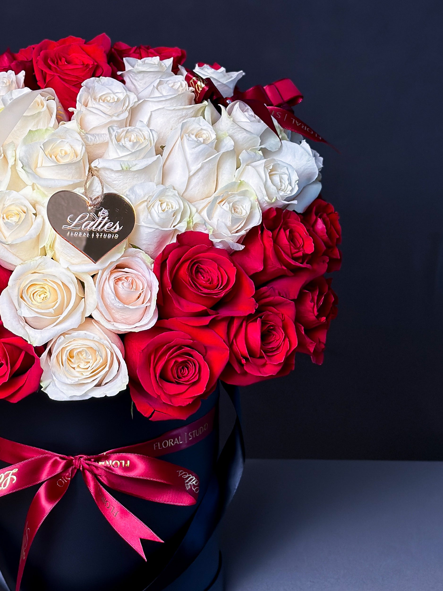 Love Eternal – Red and White Roses Heart Arrangement in a Flower Box