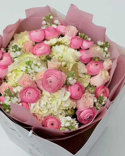 Sweet Serenade – Ranunculus, White Stock & Hydrangea Floral Bouquet