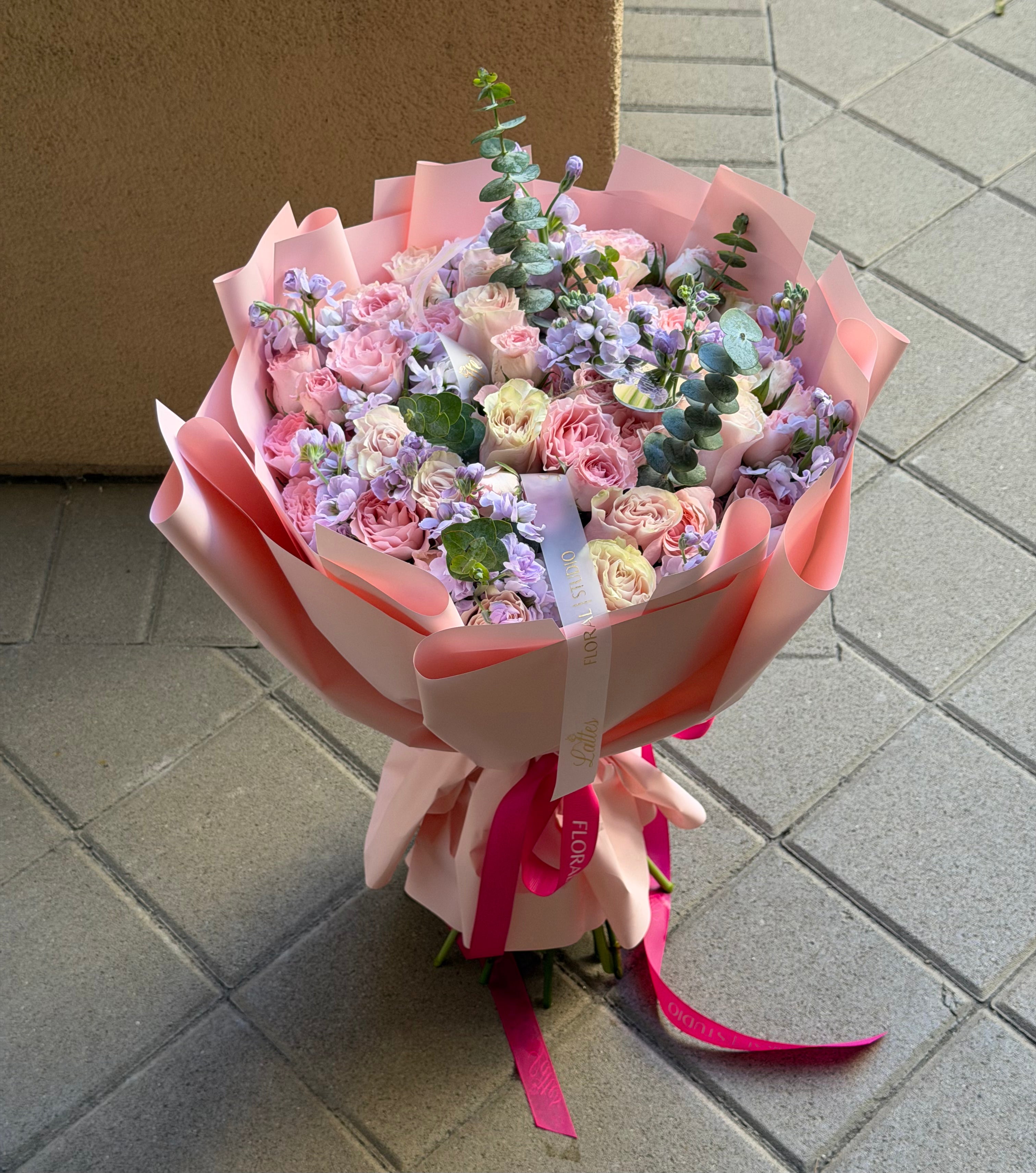 Lavender Dreams – Pink Roses, Lavender Stock & Eucalyptus Bouquet