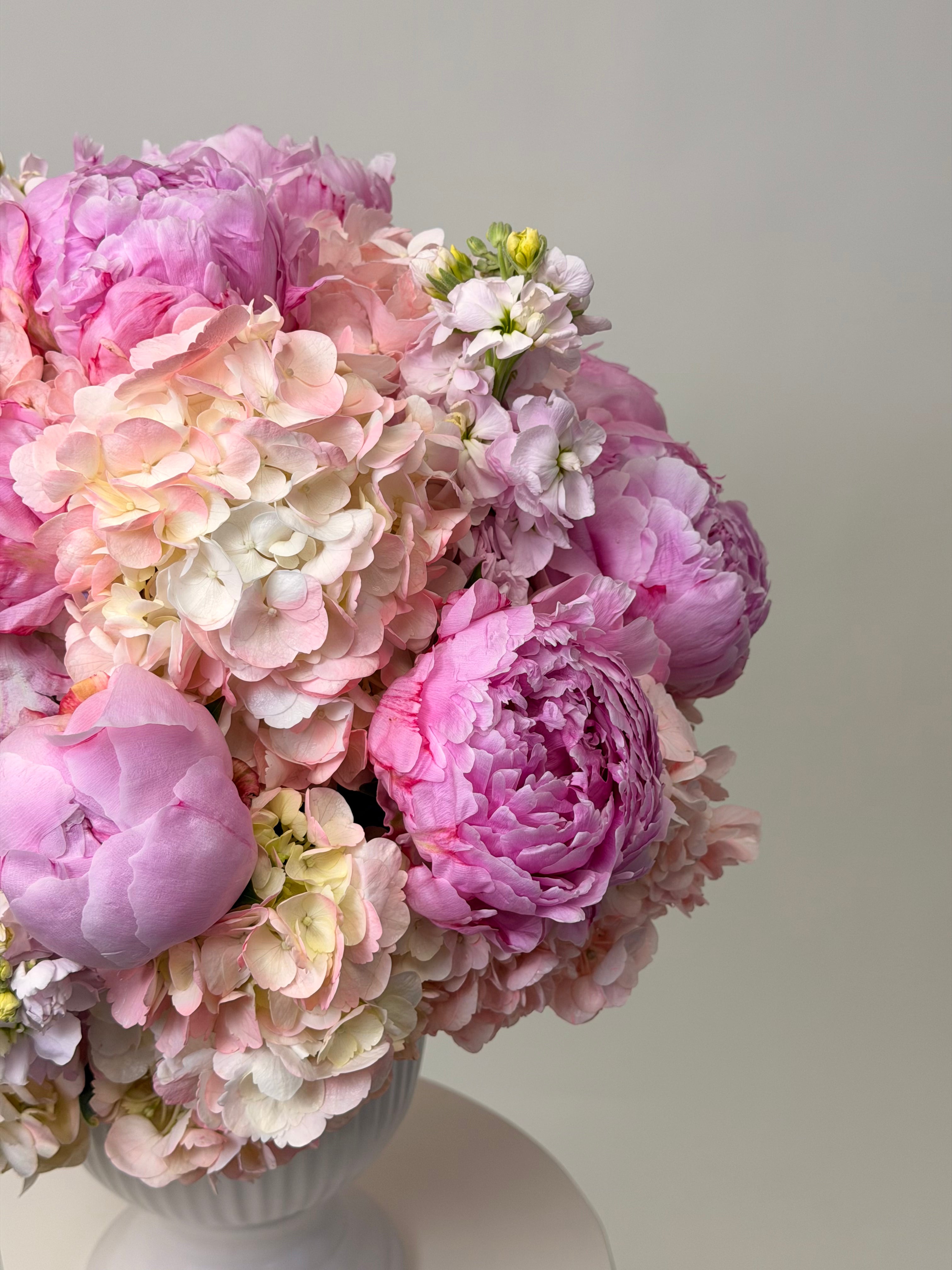 Peony Cloud – Peonies Hydrangea & Stock in a Vase Arrangement